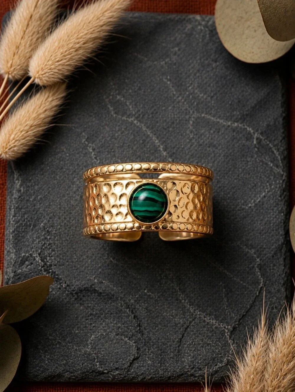 Malachite Cabochon Open Band Ring 18K Gold Plated Hammered Statement Size 7